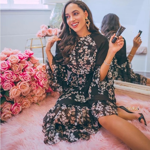 {MISA} Kateri Asymmetrical Black Floral Ruffle Tier Chiffon Maxi Dress, Size L - Picture 2 of 11